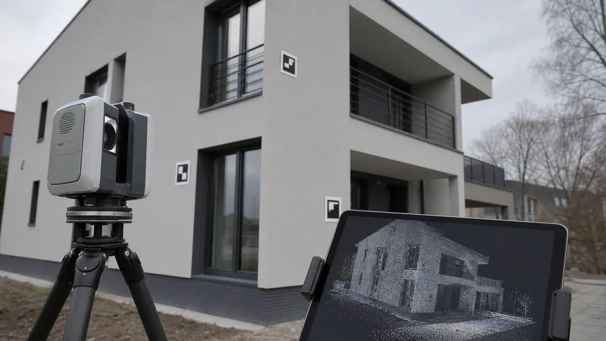 Skaner laserowy przed nowoczesnym budynkiem z punktami referencyjnymi na elewacji