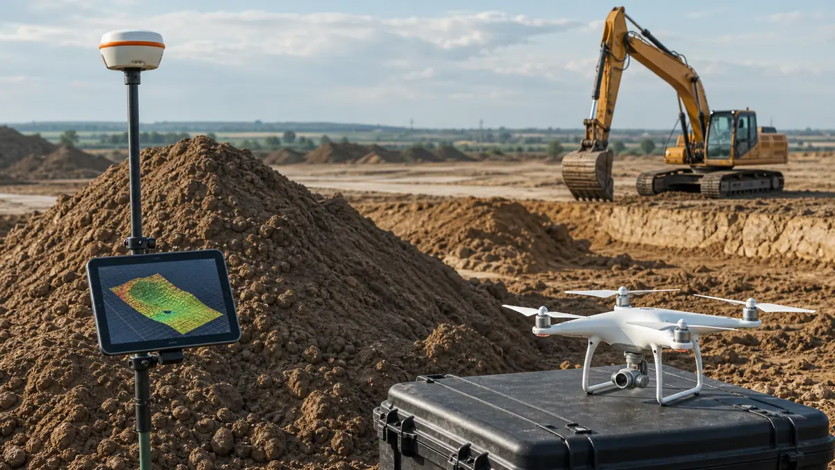 Hałdy ziemi, odbiornik geodezyjny, dron i tablet z modelem terenu na budowie