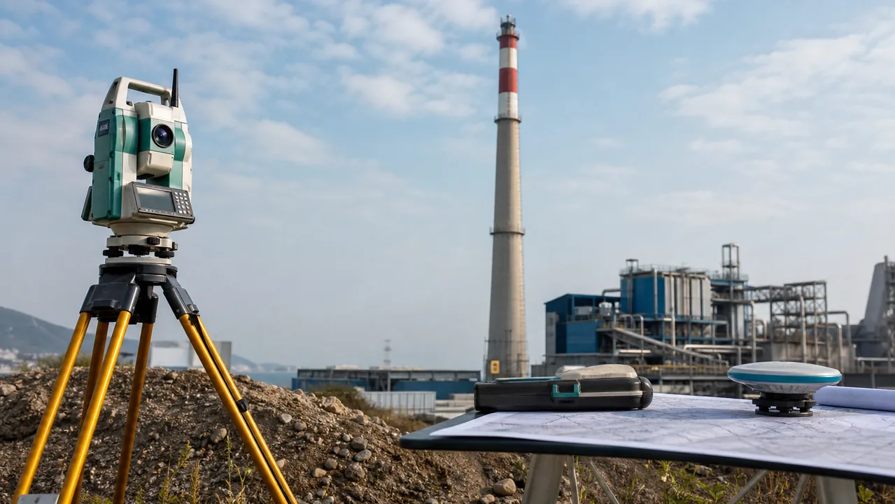 Instrument geodezyjny ustawiony przy wysokim kominie przemysłowym podczas kontroli pionowości