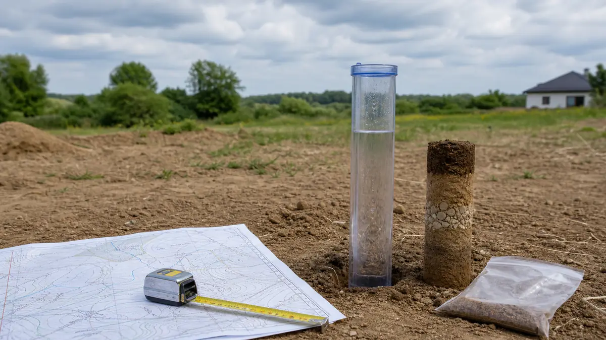 Próbka gruntu, cylinder z wodą i mapa wysokościowa na niezabudowanej działce