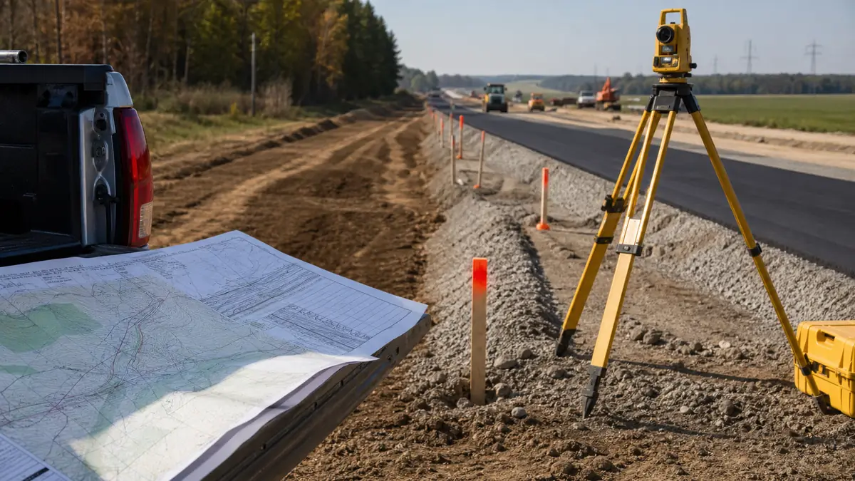 Tachimetr i dokumentacja geodezyjna przy budowie odcinka drogi