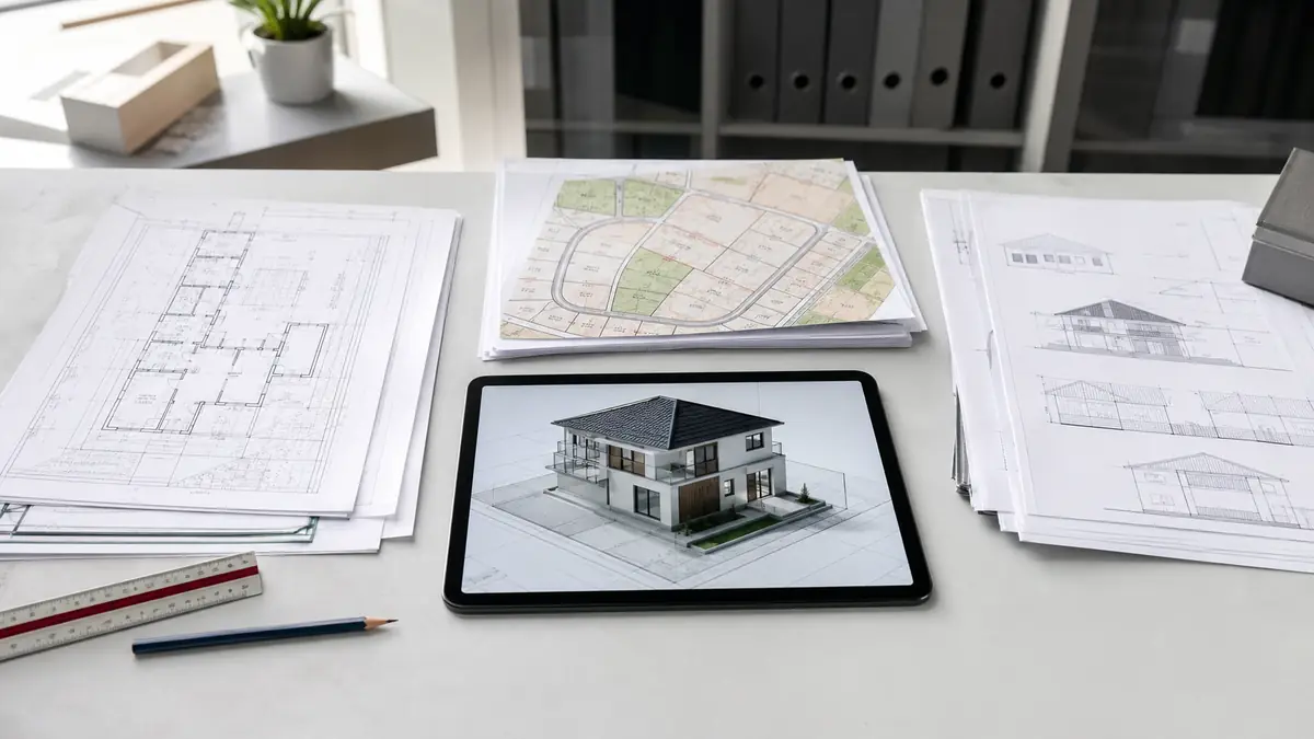 Projekt domu, mapa działki i model 3D budynku na tablecie w pracowni projektowej