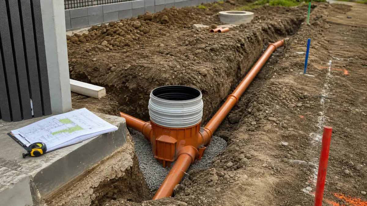 Wykop z rurą kanalizacyjną, studzienką i planem przyłącza przy domu