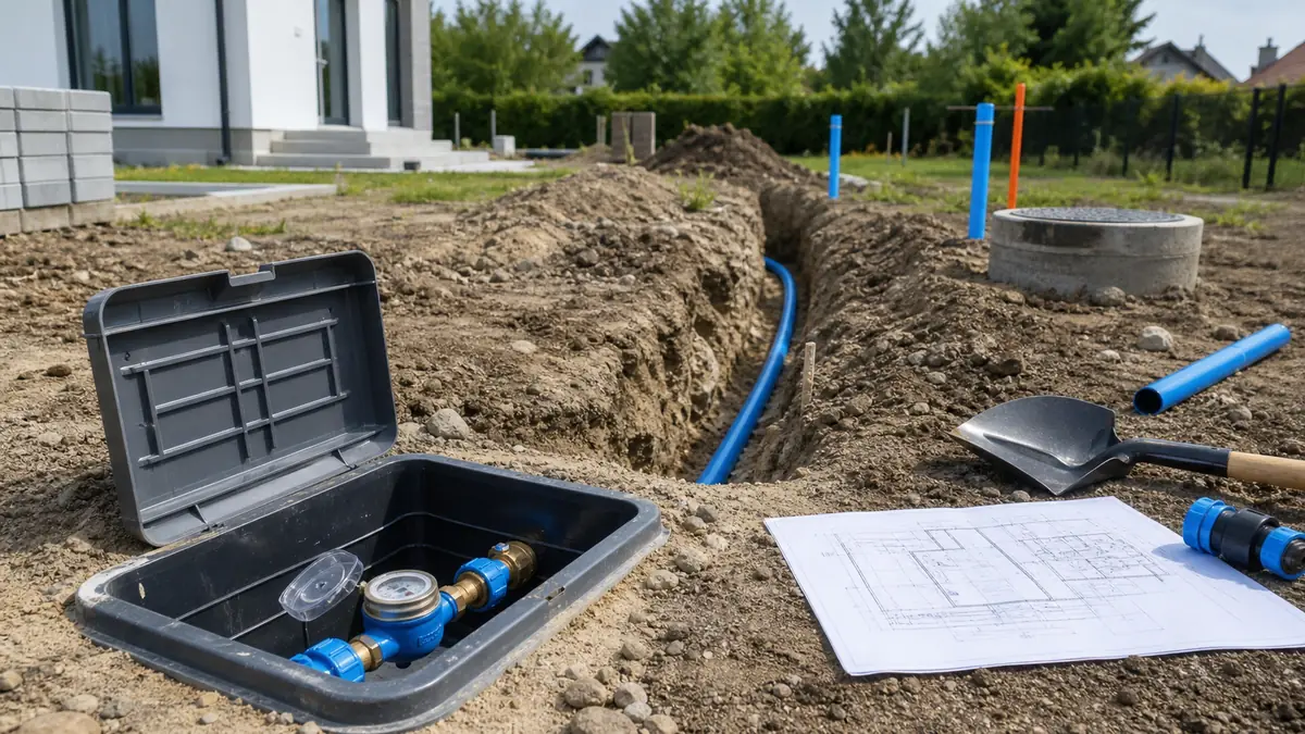 Wykop z niebieską rurą wodociągową, wodomierzem i planem przyłącza na działce