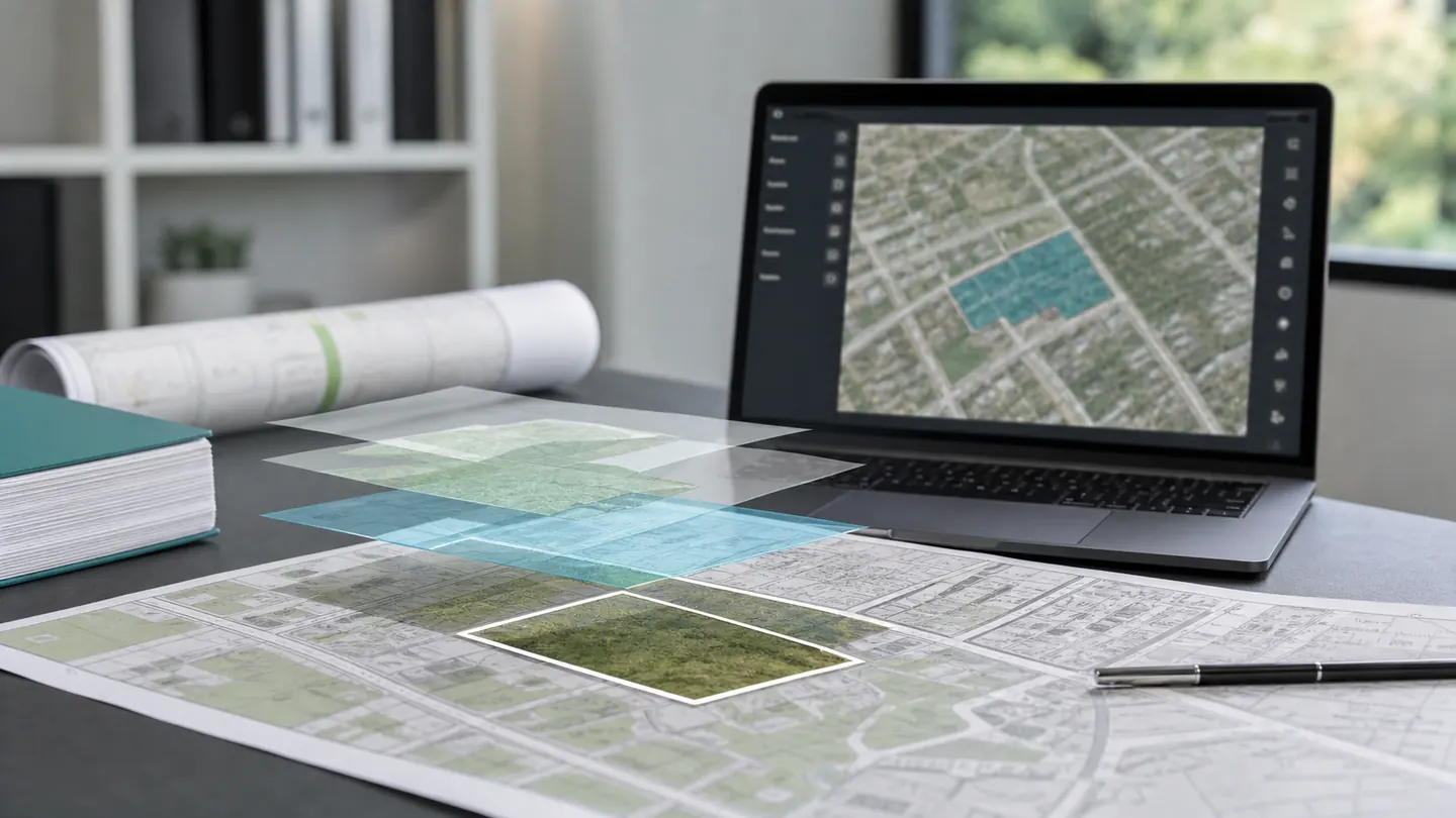 Laptop z mapą planistyczną i warstwami danych urbanistycznych nad papierową mapą działek