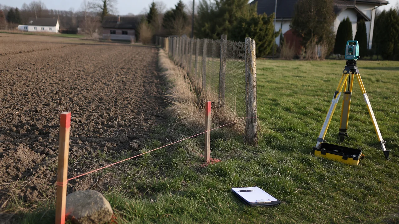 Granica dwóch działek oznaczona palikami i sznurkiem podczas pracy geodety