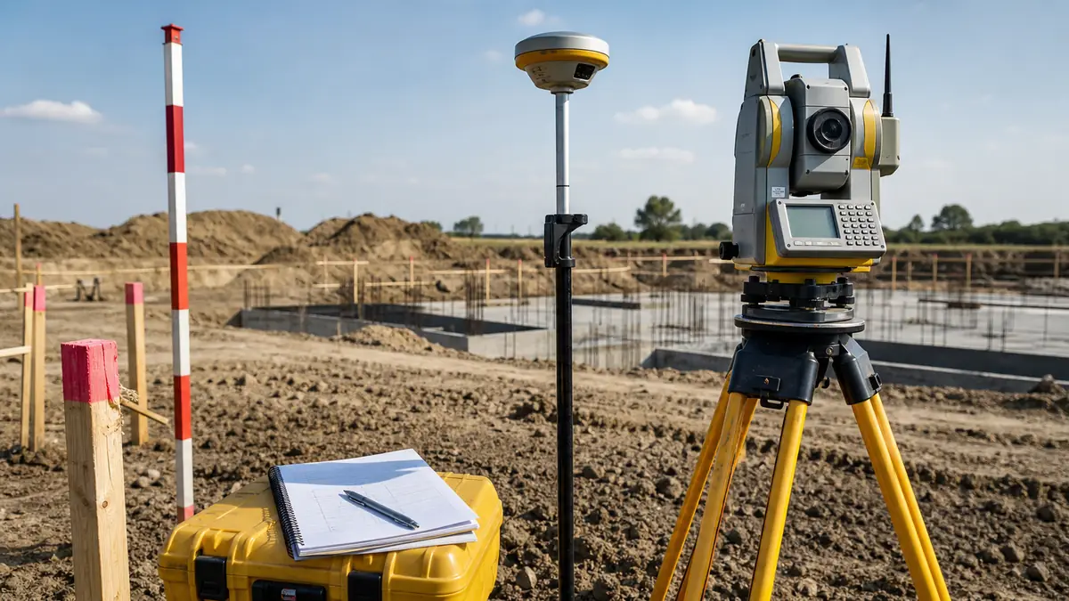 Tachimetr, odbiornik GNSS i łata pomiarowa na placu budowy domu