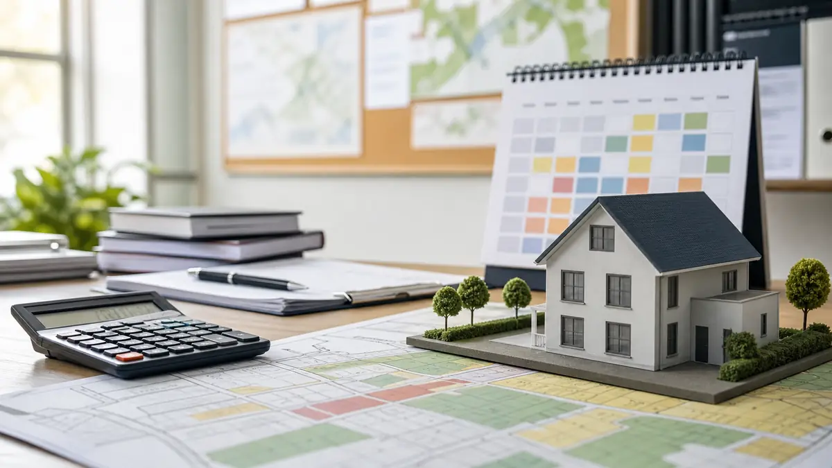 Model domu, kalkulator i kalendarz z mapą planistyczną na biurku w urzędzie