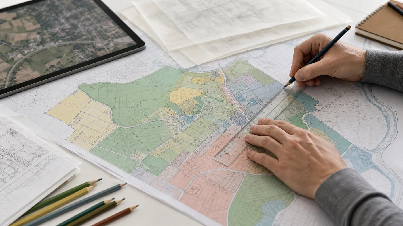 Kolorowa mapa stref planistycznych z linijką, kredkami i ręką urbanisty