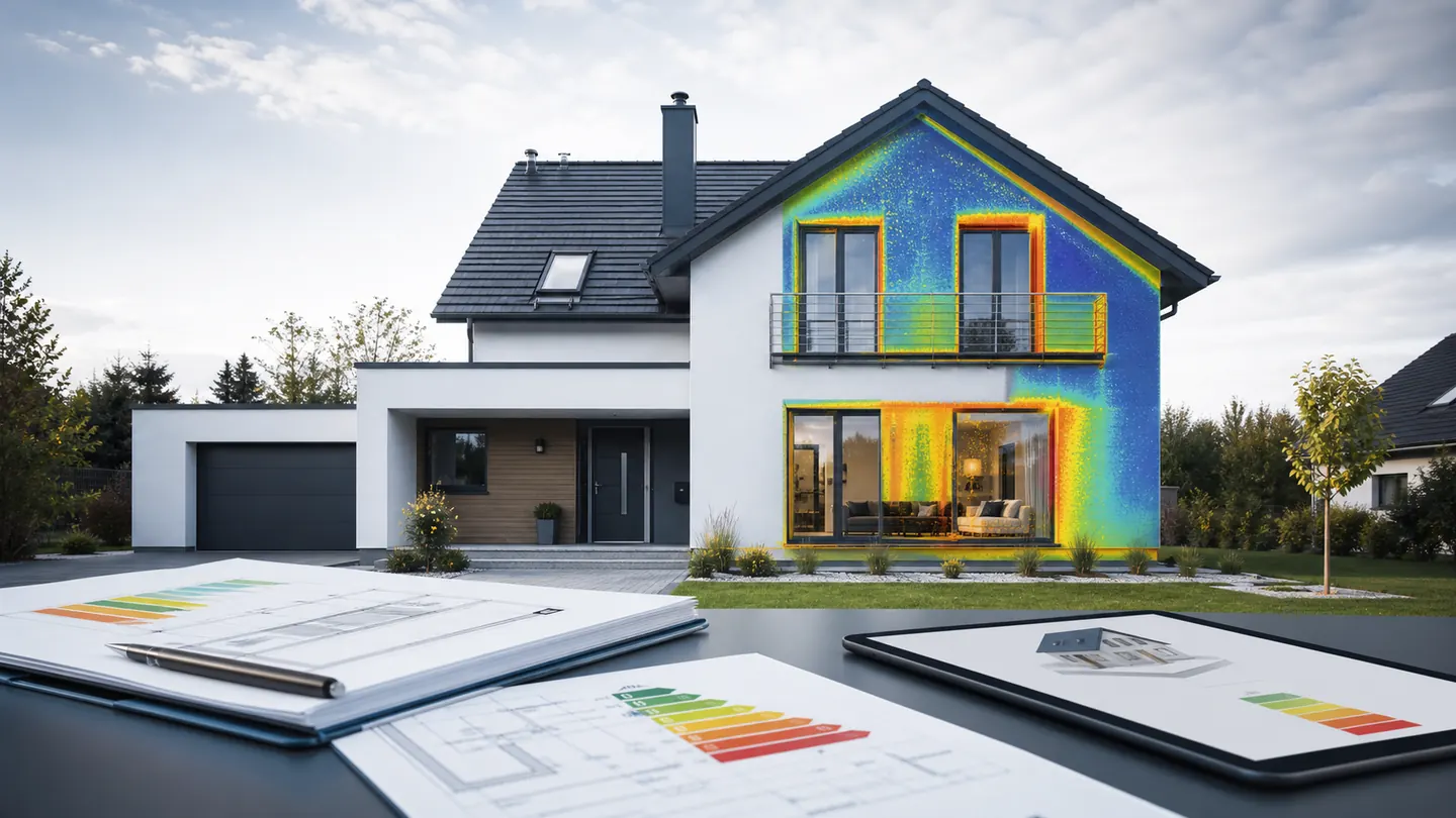 Nowoczesny dom z nakładką termiczną oraz dokumentami dotyczącymi charakterystyki energetycznej