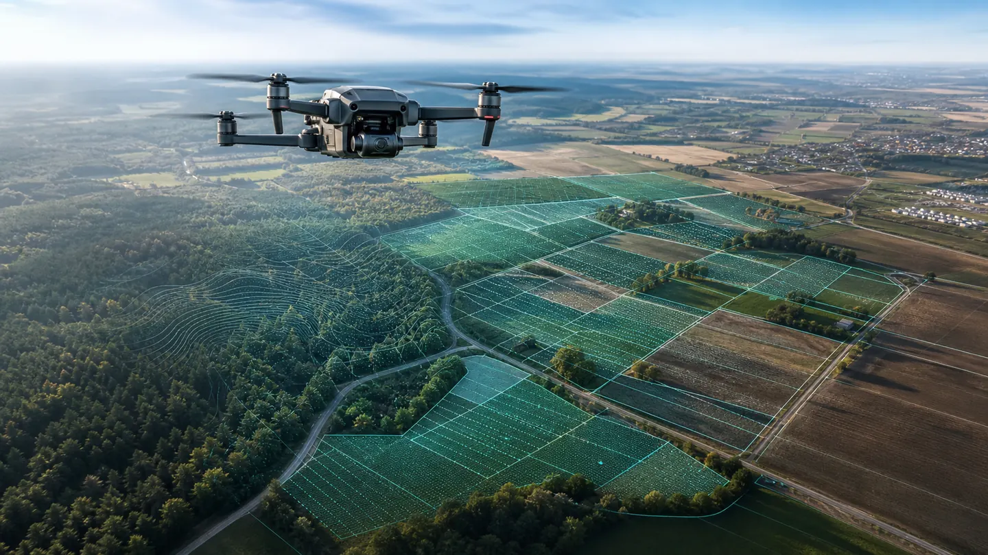 Dron nad krajobrazem pól i działek z techniczną nakładką danych przestrzennych