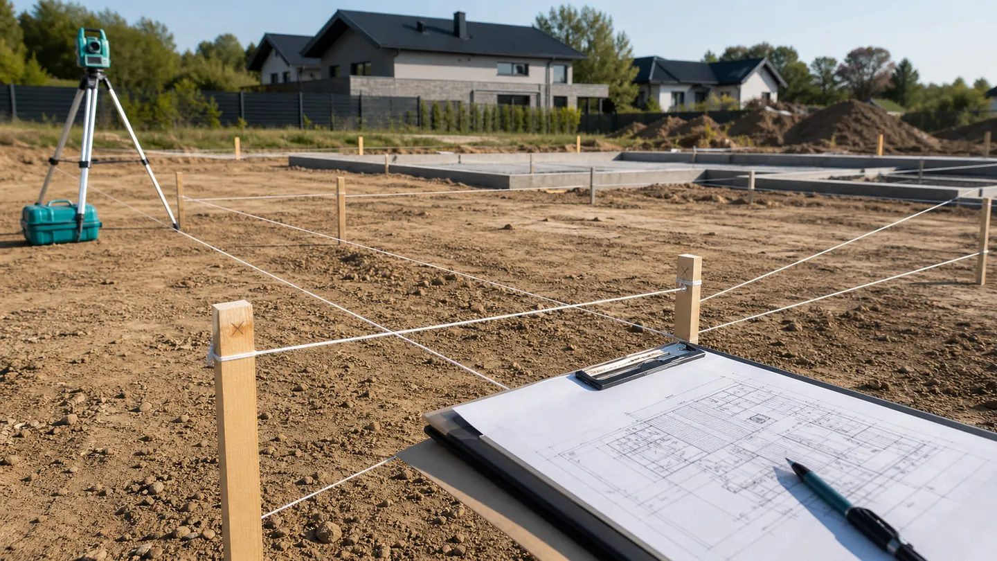 Paliki i sznurki wyznaczające obrys budynku na działce budowlanej