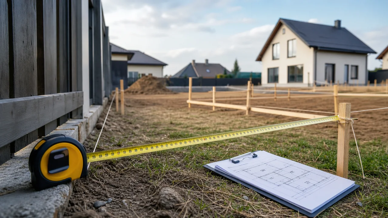Model domu na planie działki z zaznaczonymi odległościami od granicy