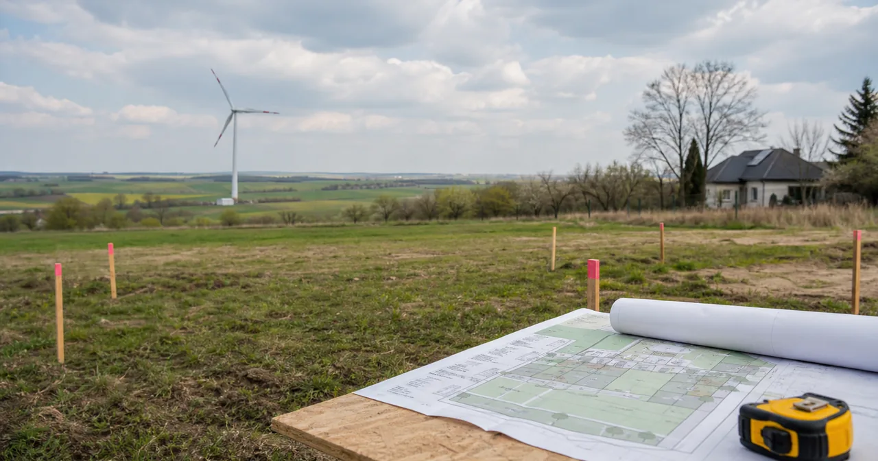 Mapa działki z zaznaczoną turbiną wiatrową i strefą analizy sąsiedztwa