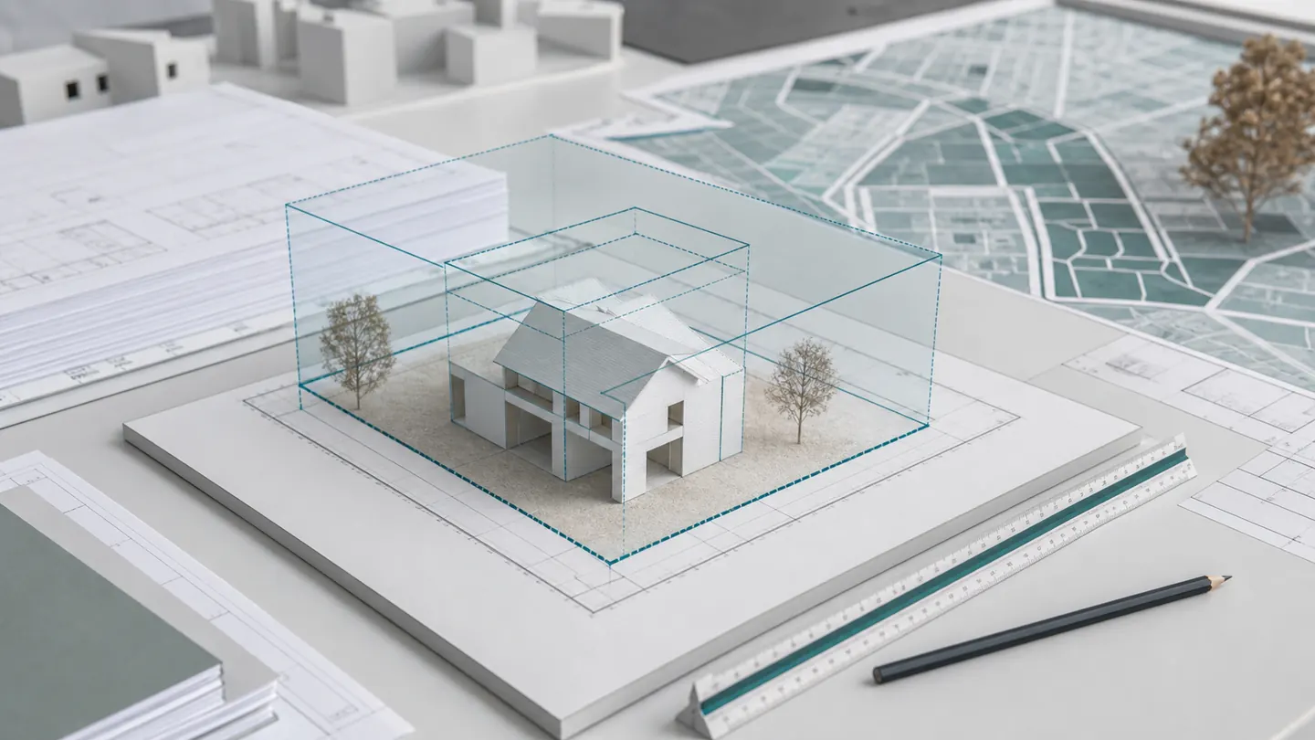 Model domu na działce z przezroczystą bryłą pokazującą parametry zabudowy