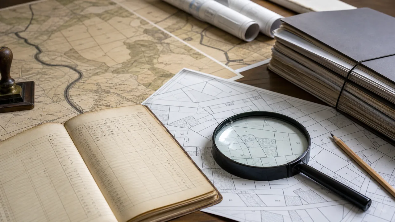 Mapa ewidencyjna, księga wieczysta i zestawienie działek na biurku geodety
