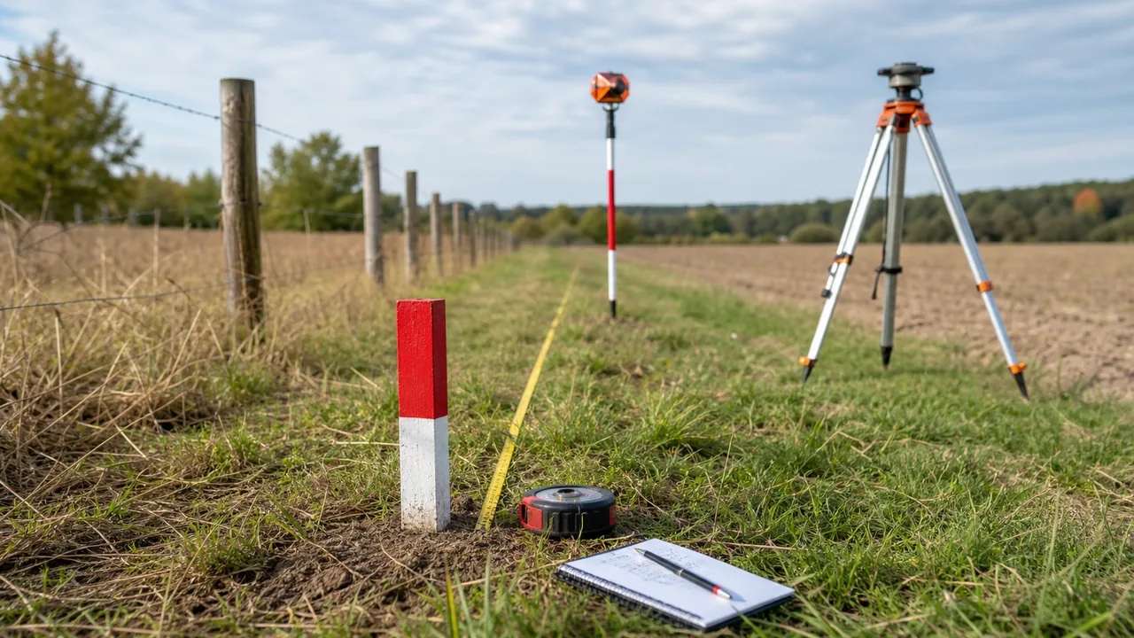 Geodeta przy granicy działki z tyczką pomiarową i szkicem punktów granicznych