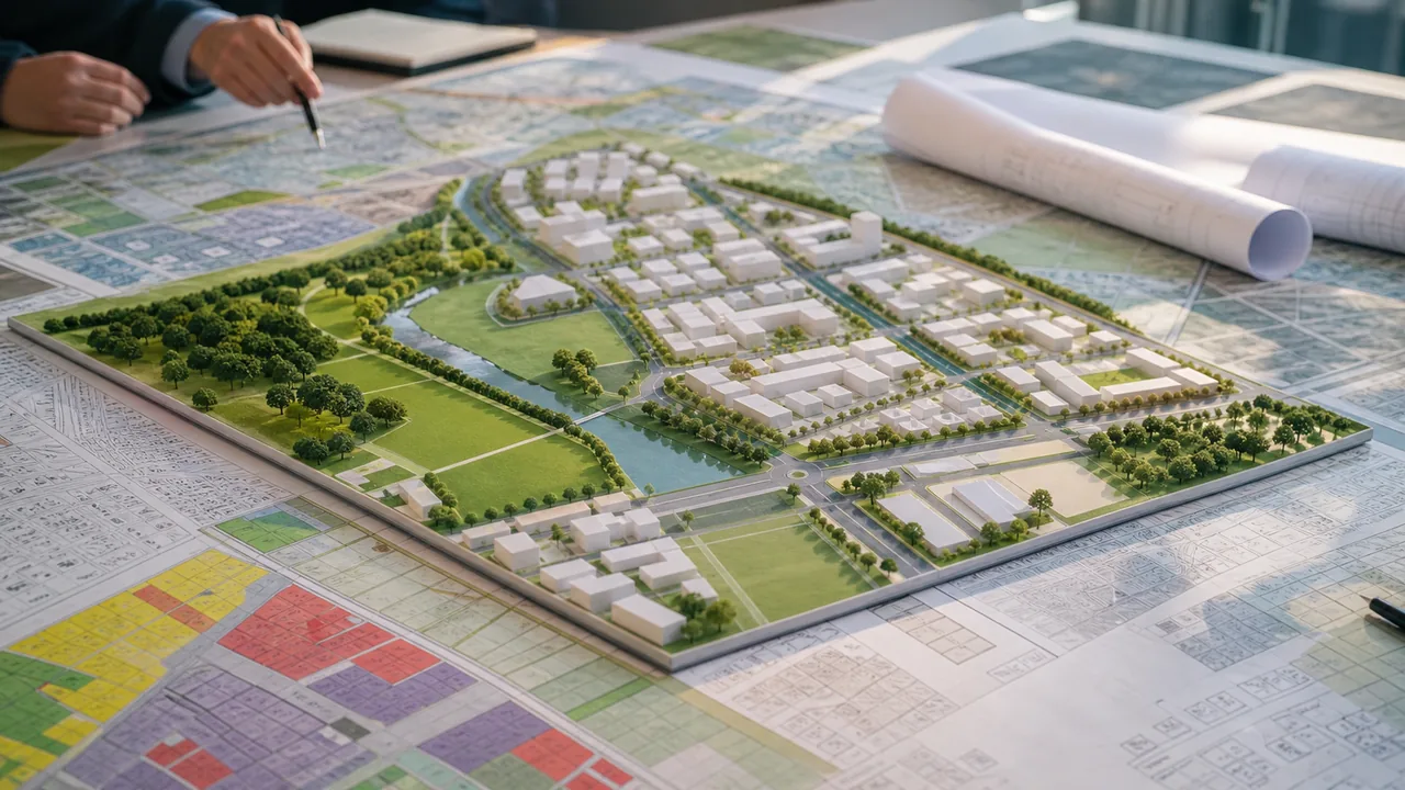 Model urbanistyczny, mapa planistyczna i szkic inwestycji analizowane przez zespół projektowy