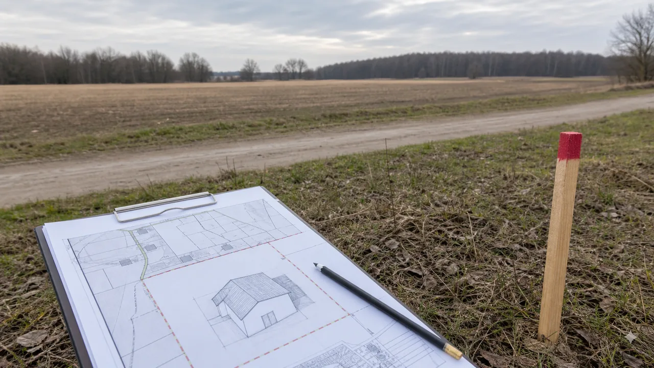 Pole rolne z naniesionym planem zabudowy, drogą i dokumentami planistycznymi